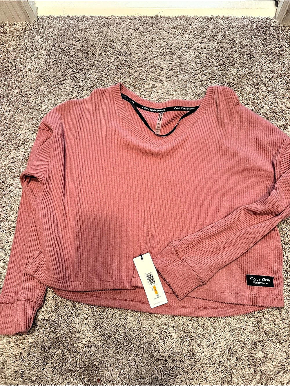 Calvin Klein Performance Ribbed Long Sleeve V-Neck Pullover Sweater Pink Small